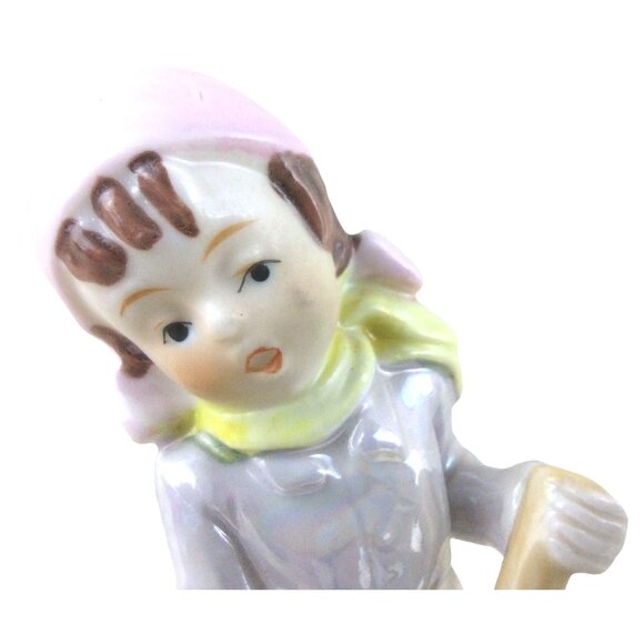 Vintage Morrison Porcelain Girl Figurine Sweeping with Broom Lusterware Finish - Picture 3 of 12
